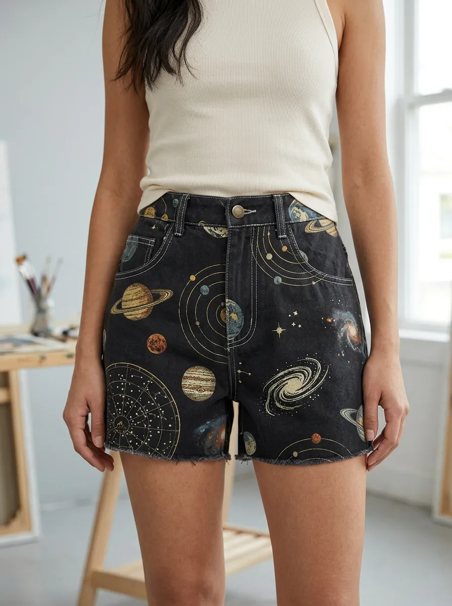 Women's Breezy Astronomy Lover Solar System Printed Denim Shorts