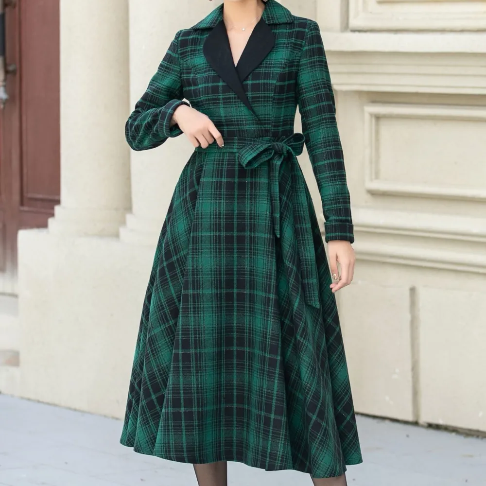 Plaid Wool Blend Fit And Flare Swing Lapel Collar Midi Dress