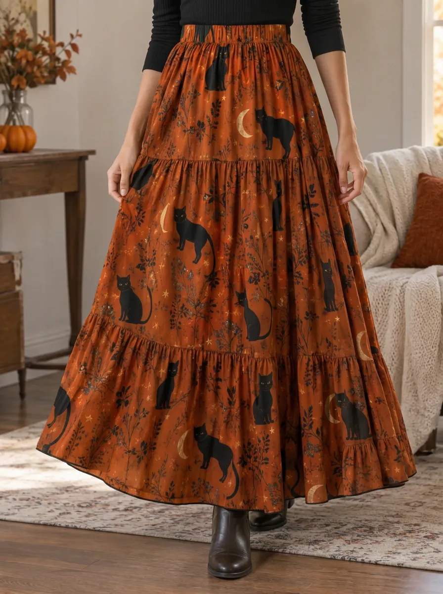 Women's Halloween Black Cat Moon Printed Maxi Skirt
