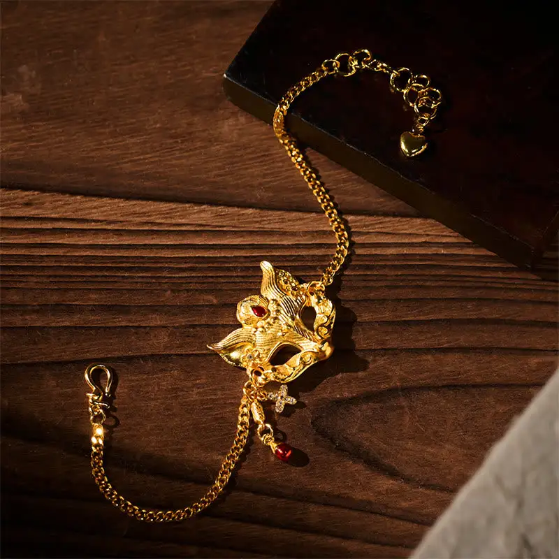 Plated Brass Fox Mask Charm Tassel Chain Bracelet