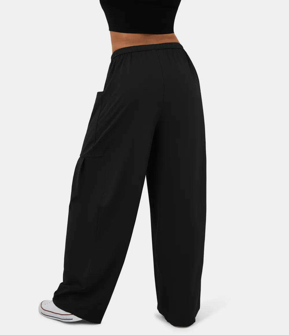 Mid Rise Elastic Waistband Drawstring Side Pocket Palazzo Flowy Wide Leg Casual Pants