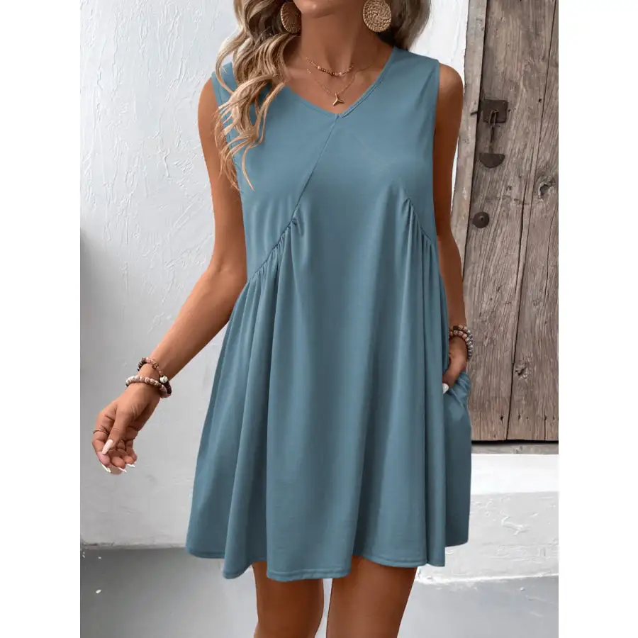 Ruched V-Neck Sleeveless Mini Dress