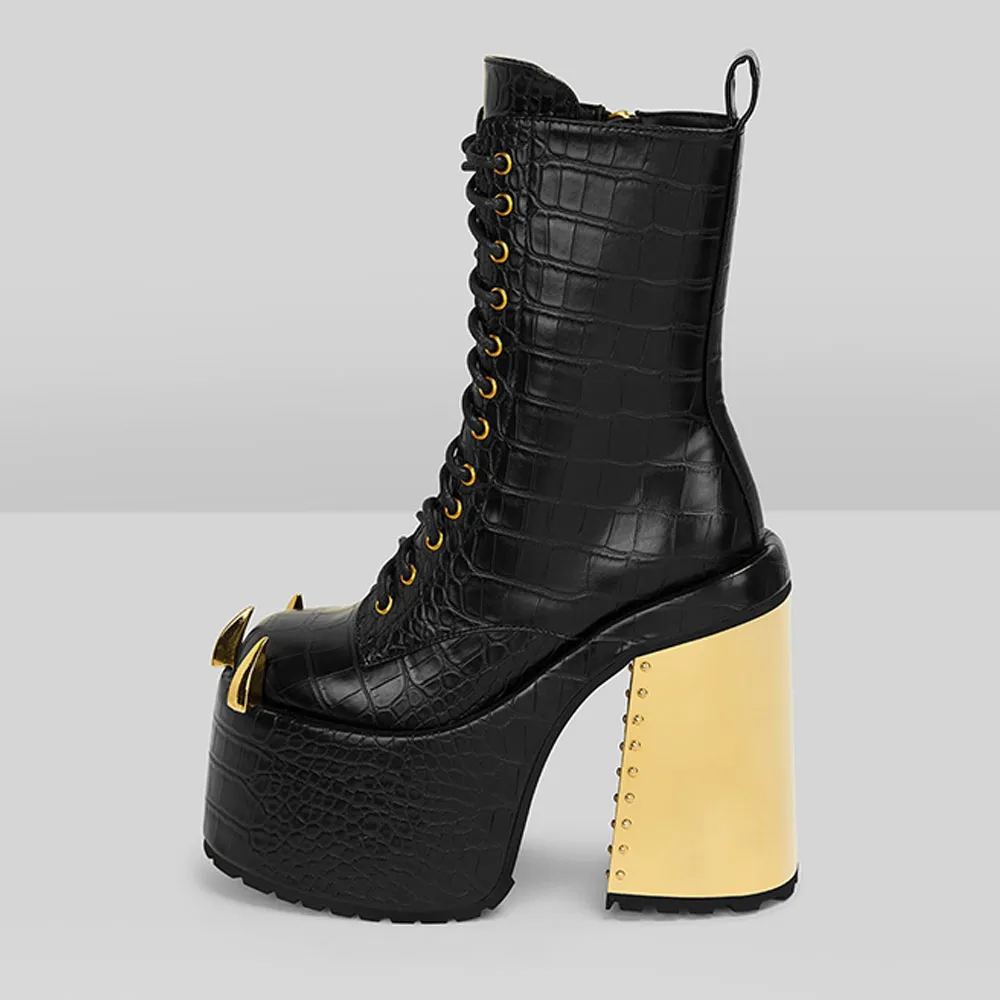Faux-Leather Crocodile-Embossed Studded Lace-Up Ankle Boots
