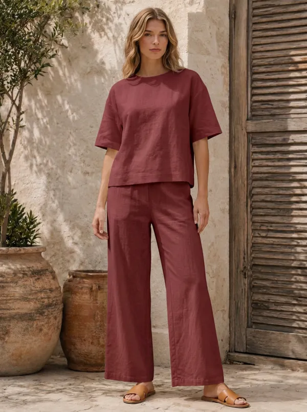 Women's Boxy Elbow-Sleeve Crewneck Top And Wide-Leg Trouser Two-Piece Set