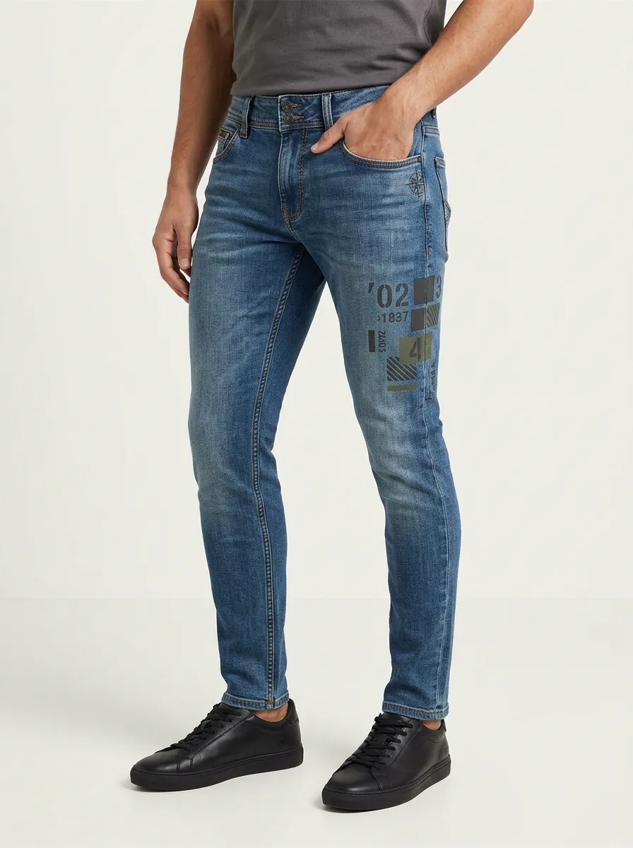 Men's Blue Urban Number Graphic Slim Fit Jeans