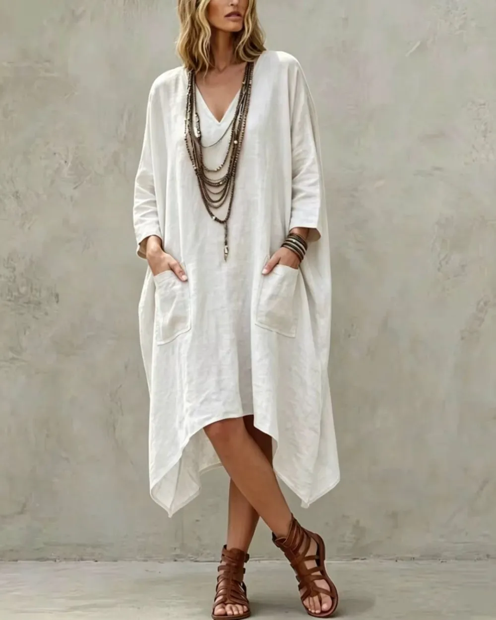 Relaxed V-Neck Asymmetrical Dress