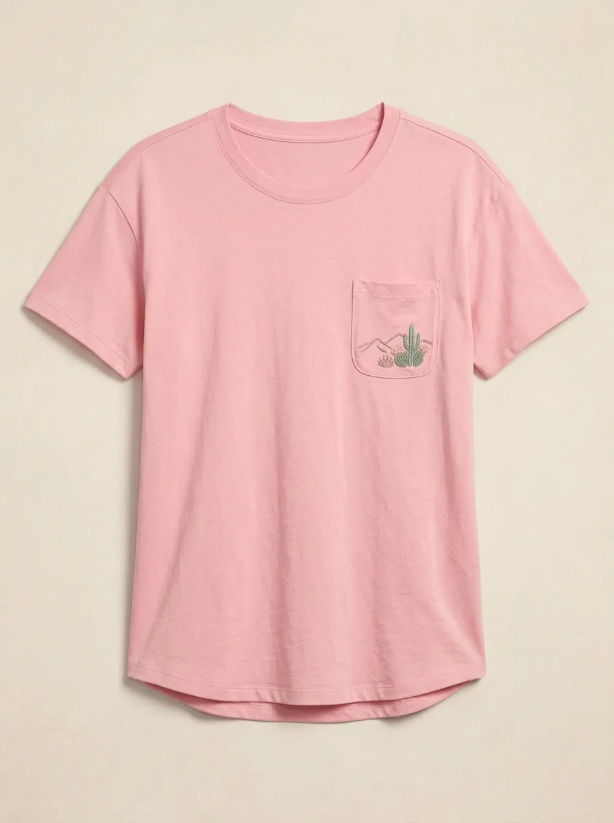 Women's Cactus & Mountain Embroidered Pocket Crewneck T-Shirt