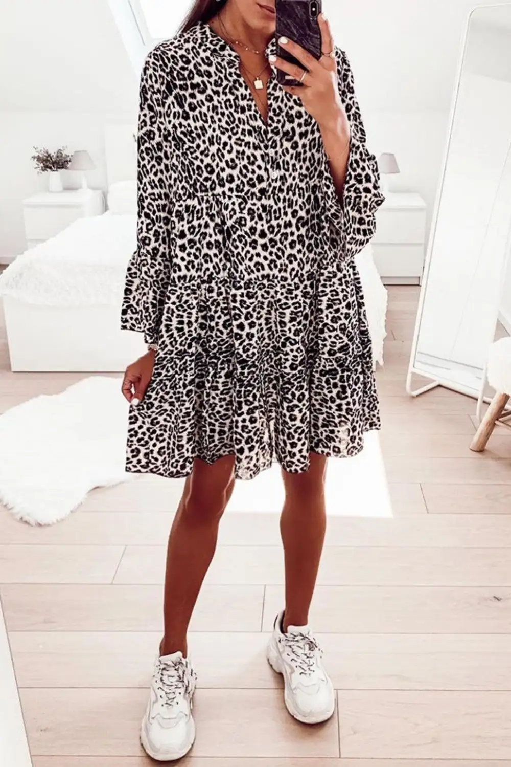 Print V Neck Ruffle Swing Mini Dress