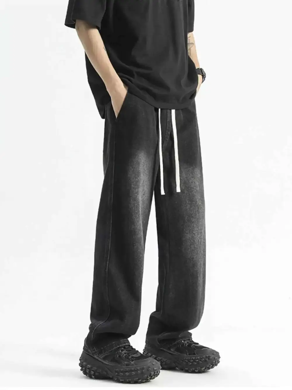 Washed Wide Leg Drawstring Jeans