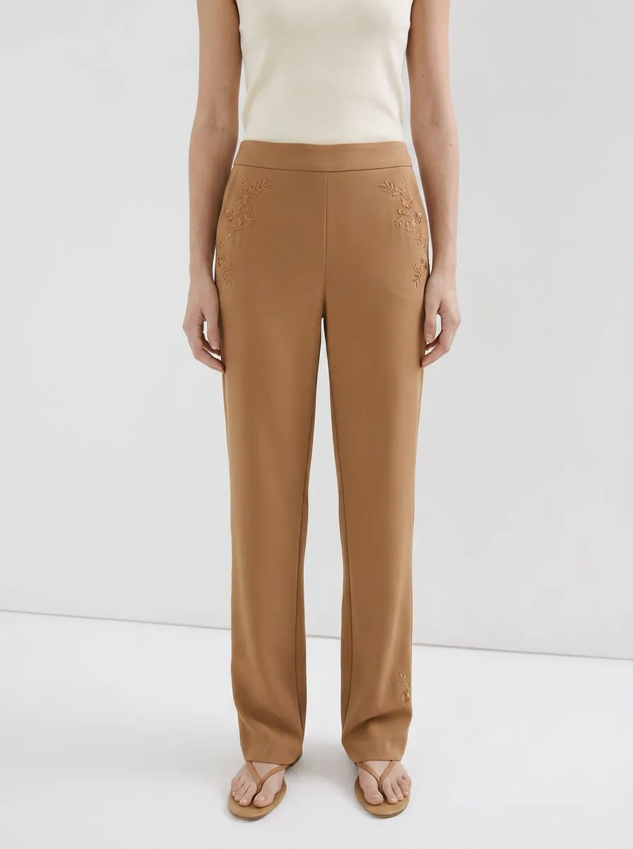 Women's Floral Embroidery Tan Mid-Rise Straight Leg Pants