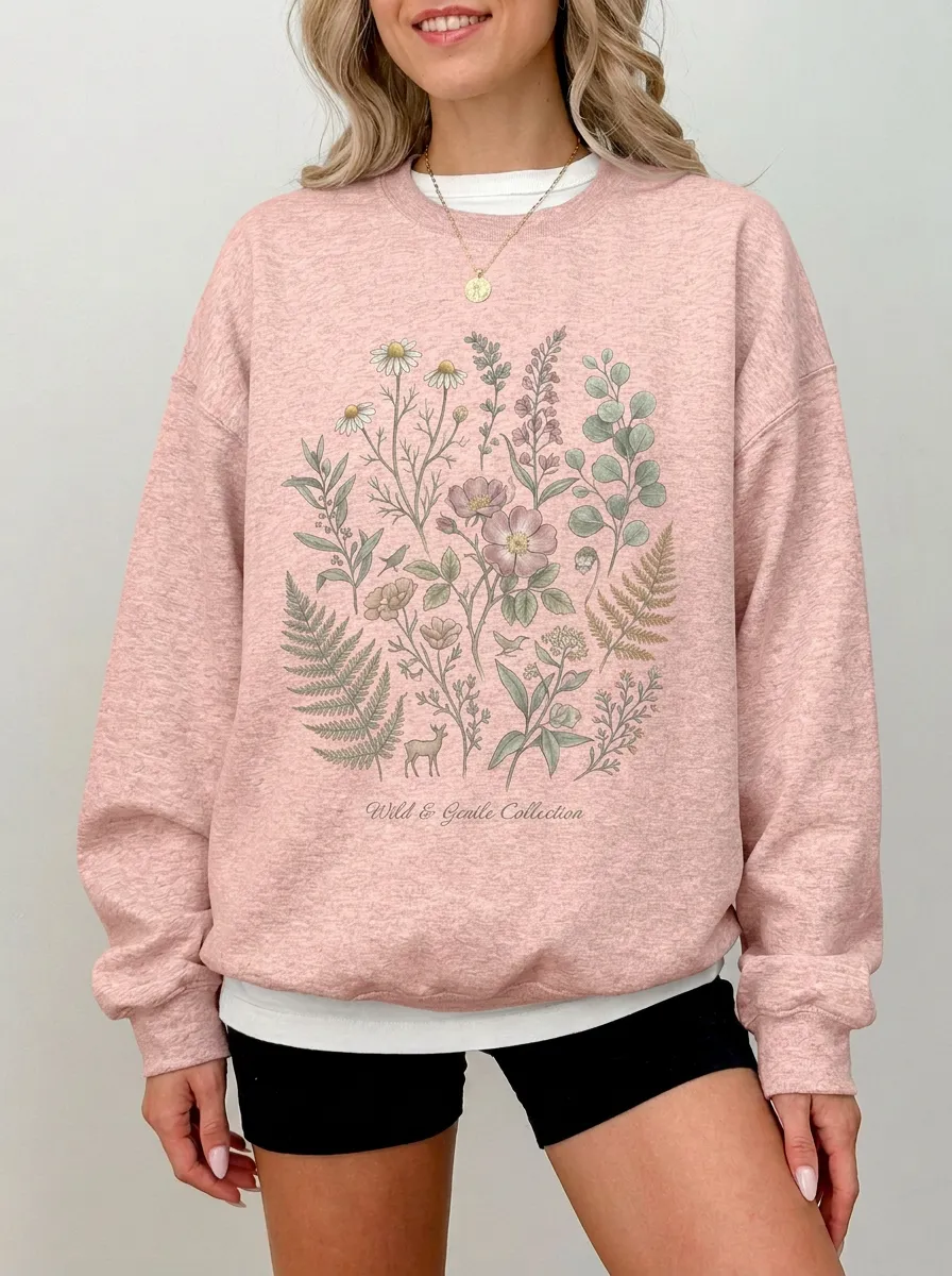 Women's Nature Wildflower Deer Graphic Sweatshirt