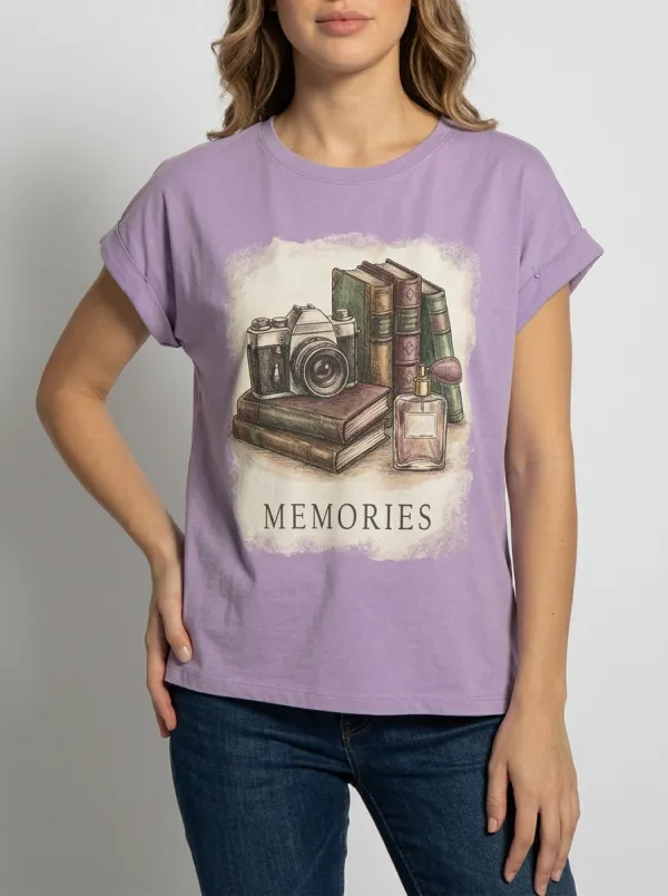 Women's Vintage Memories Camera Books Perfume Printed T-shirt