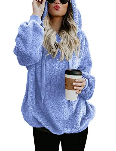 Women Casual Double Fuzzy Sweatshirt Faux Fleece Zip Pullover Hoodies Coat Outwear S-XXL