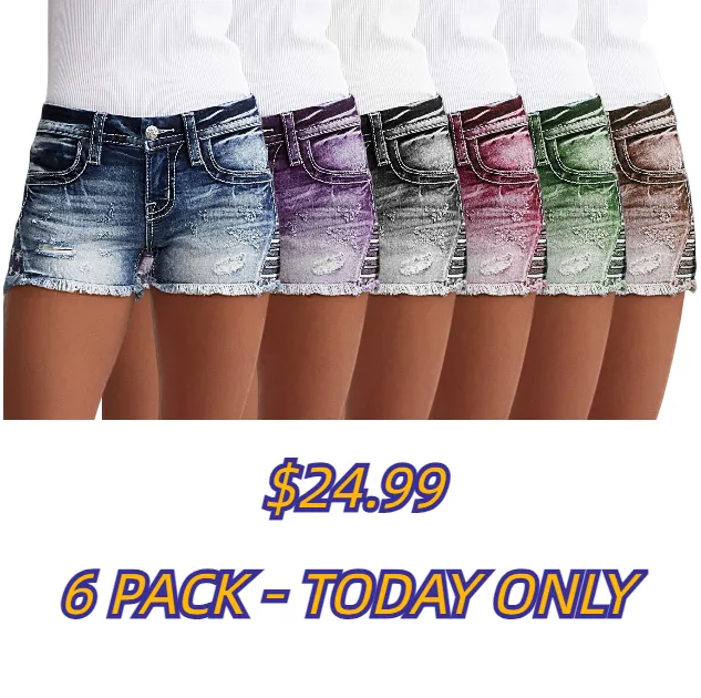 Embroidered Ripped Raw Hem Denim Shorts