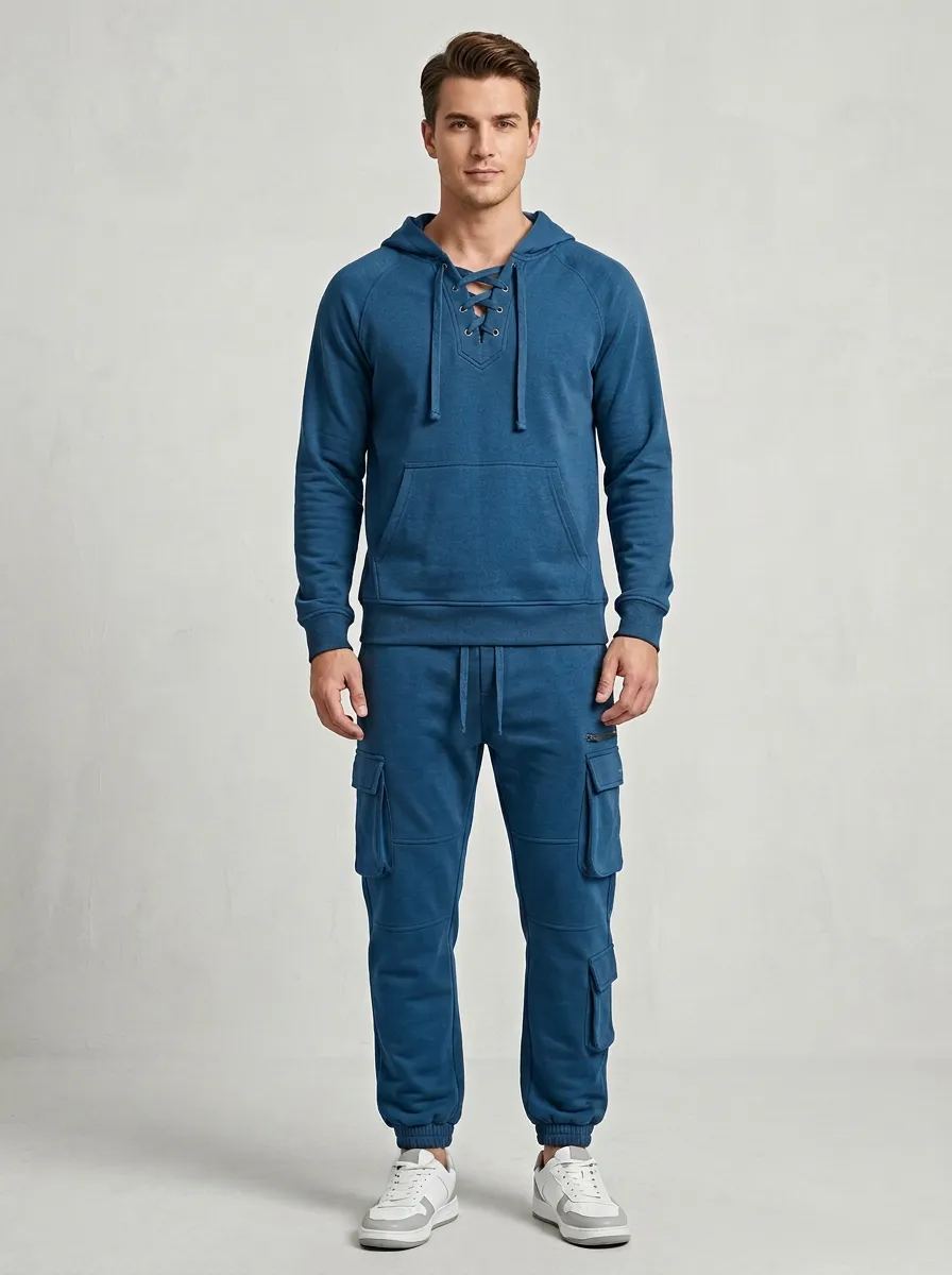 Functional Lace-Up Multi Pocket Collection Men's Lace Up Hoodie And Cargo Jogger Set