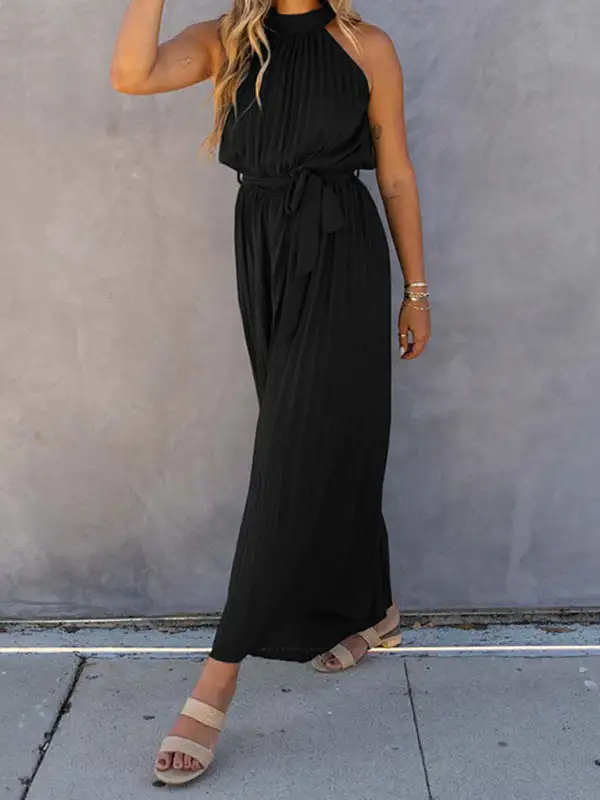 Shoulder Halter Neck Pleated Jumpsuit