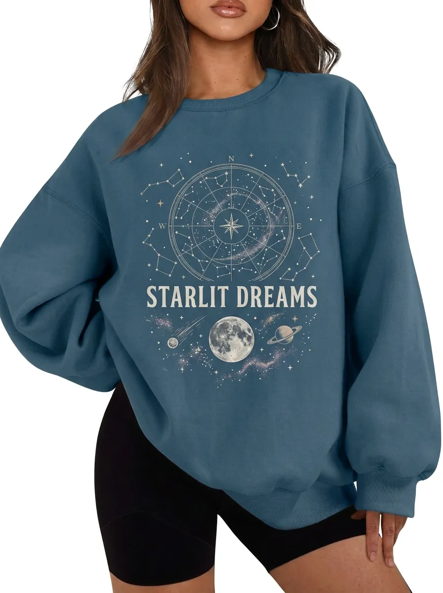 Women's Celestial Starlit Dreams Moon Constellation Printed T-shirt
