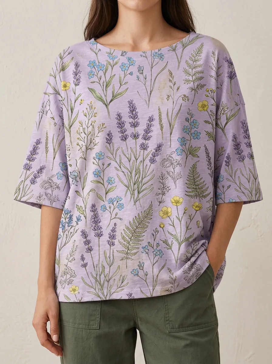 Women's Botanical Lover Lavender Fern Printed T-shirt