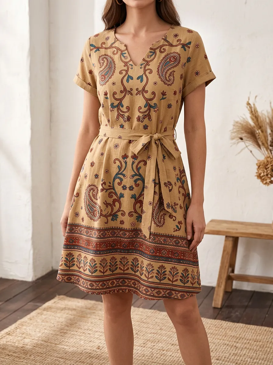 Women's Bohemian Paisley Floral Printed V-Neck Belted Dress