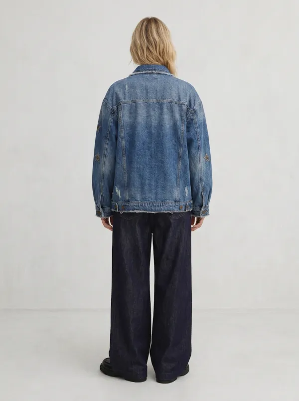 Women's Star Pattern Distressed Denim Printed Jacket