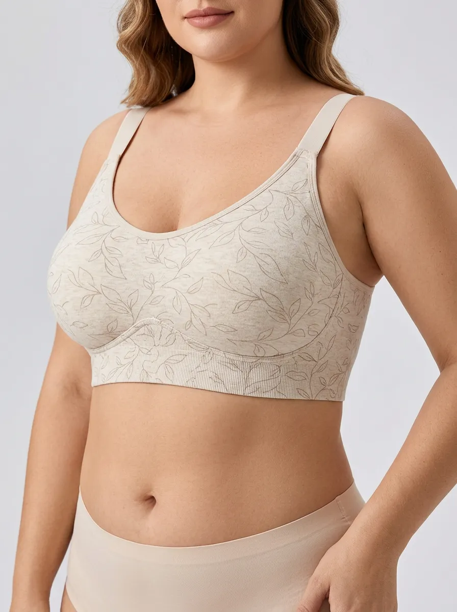 Women's Plus Size Beige Leaf Scoop-Neck Wide-Strap Wireless Bralette