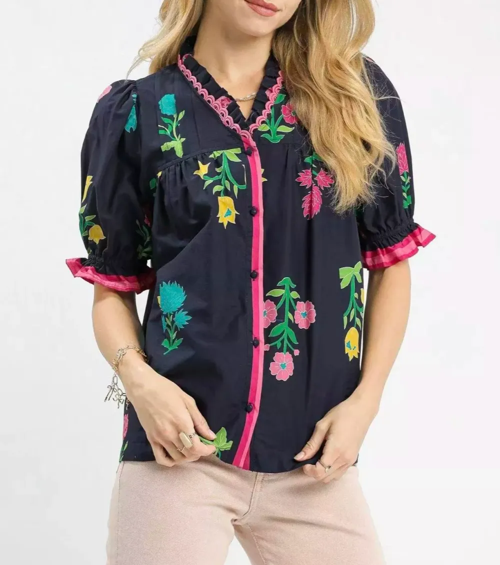 Classic Petal Parade Print Button Down Blouse