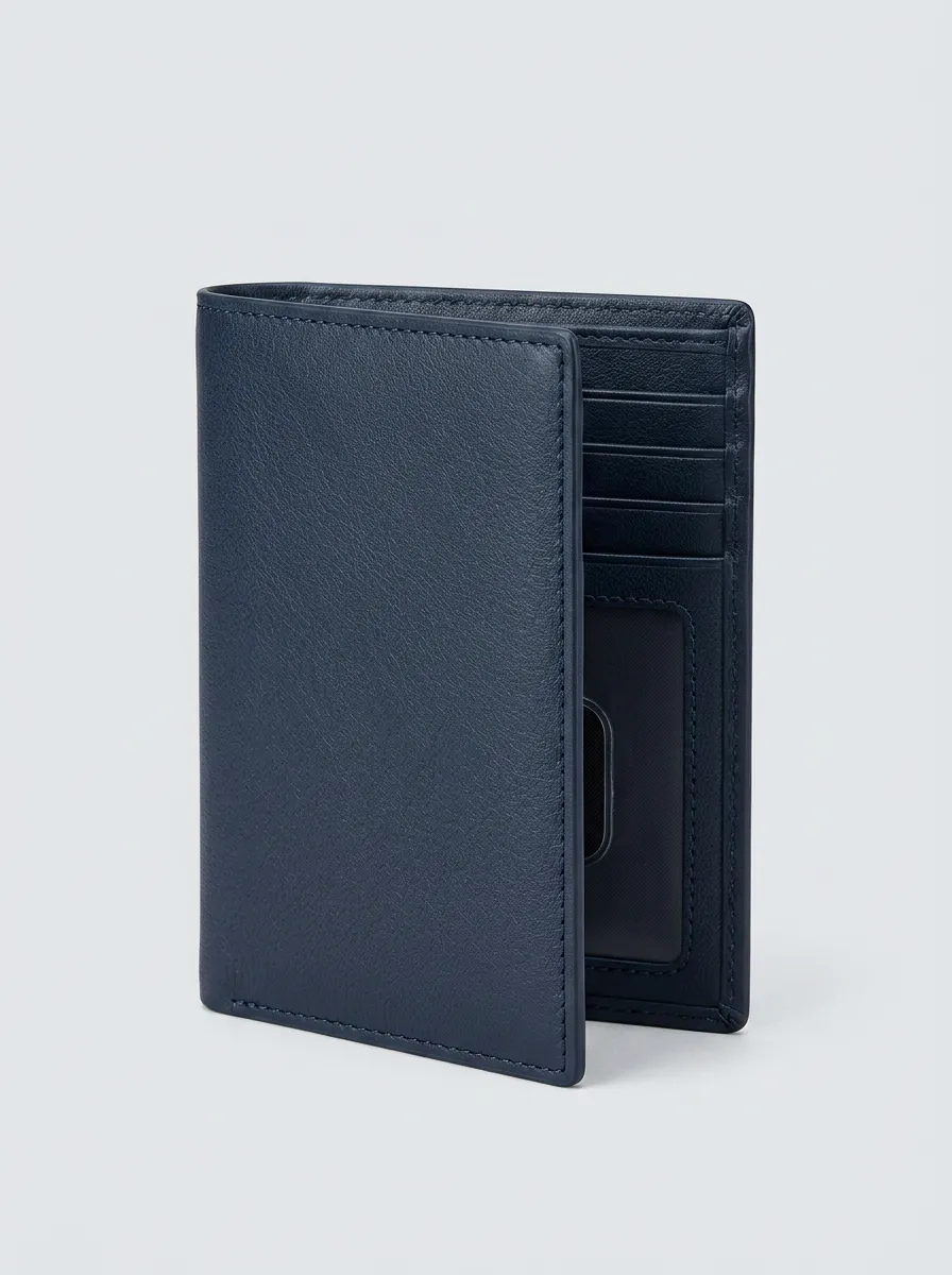 Men's Minimalist Navy Blue Solid Leather Bifold Wallet