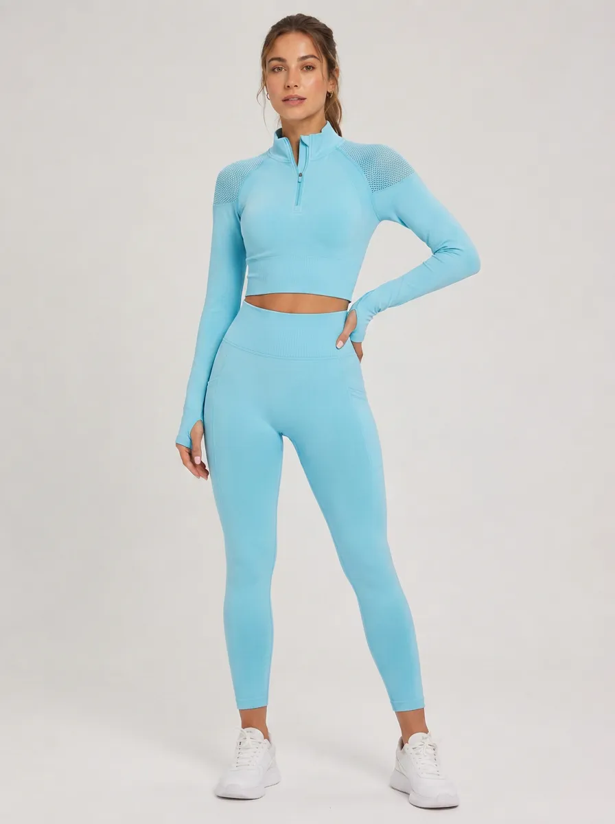 Women's Fitness Gym Blue Seamless Quarter-Zip Leggings Set