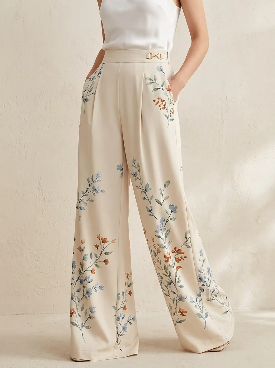 Women's Beige Floral Print Blue High-Waisted Wide-Leg Trousers