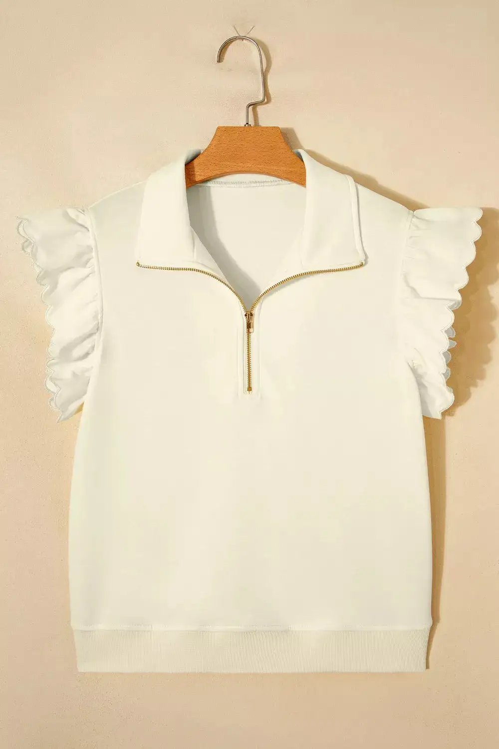 Zipped up Collared Ruffled Short Sleeve Blouse