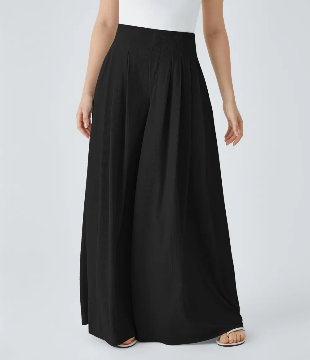 High Waisted Pleated Side Pocket Flowy Wide Leg Palazzo Waffle Casual Pants
