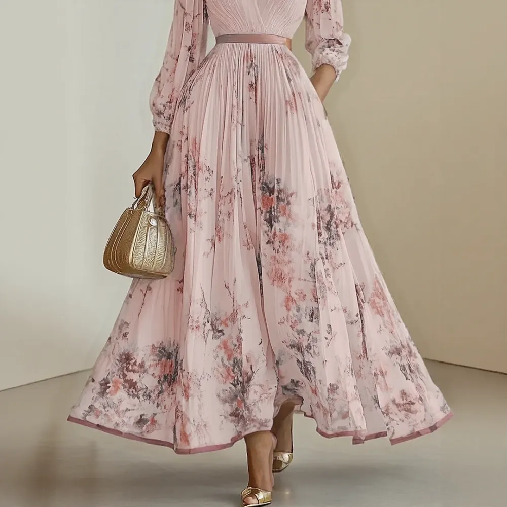  Pleated V Neck Maxi Dress