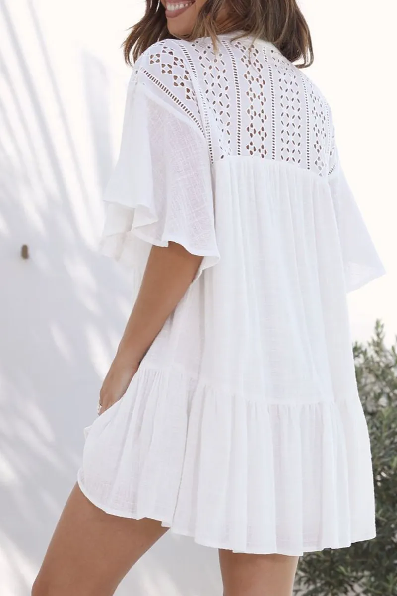 Hollow Out Ruffled Buttoned Shirt Mini Dress