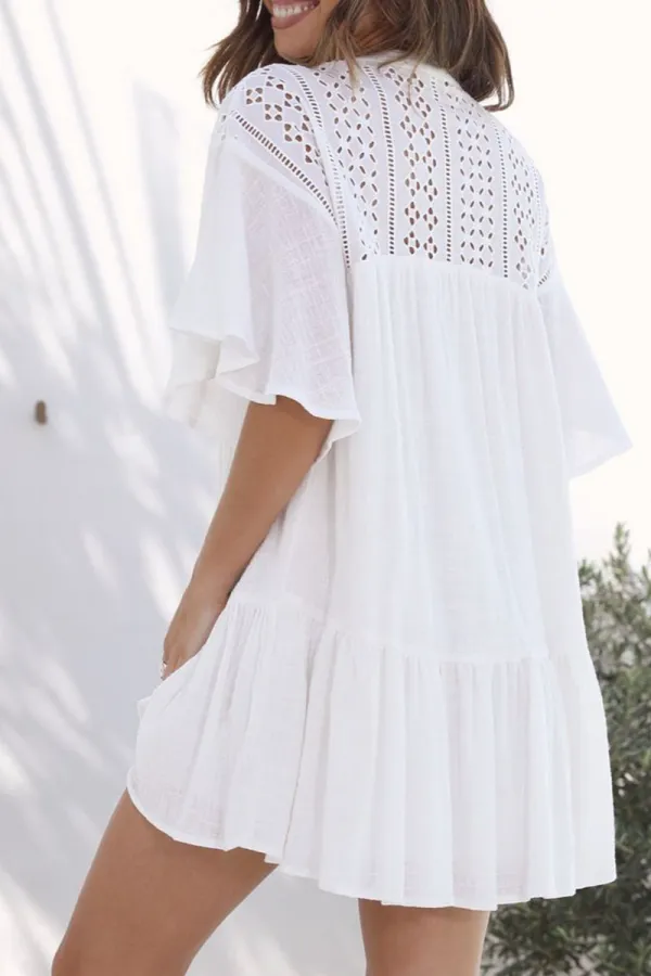 Hollow Out Ruffled Buttoned Shirt Mini Dress
