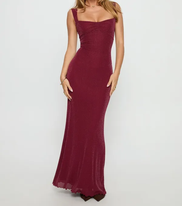 Burgundy Ruched Tie-Up Maxi Dress