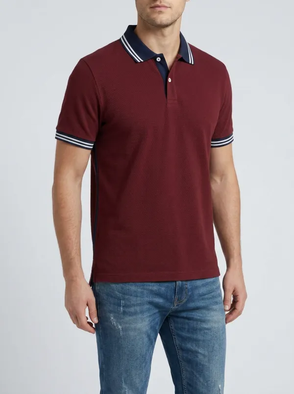 Men's Casual Grey Striped Collar Contrast Trim Polo Shirt