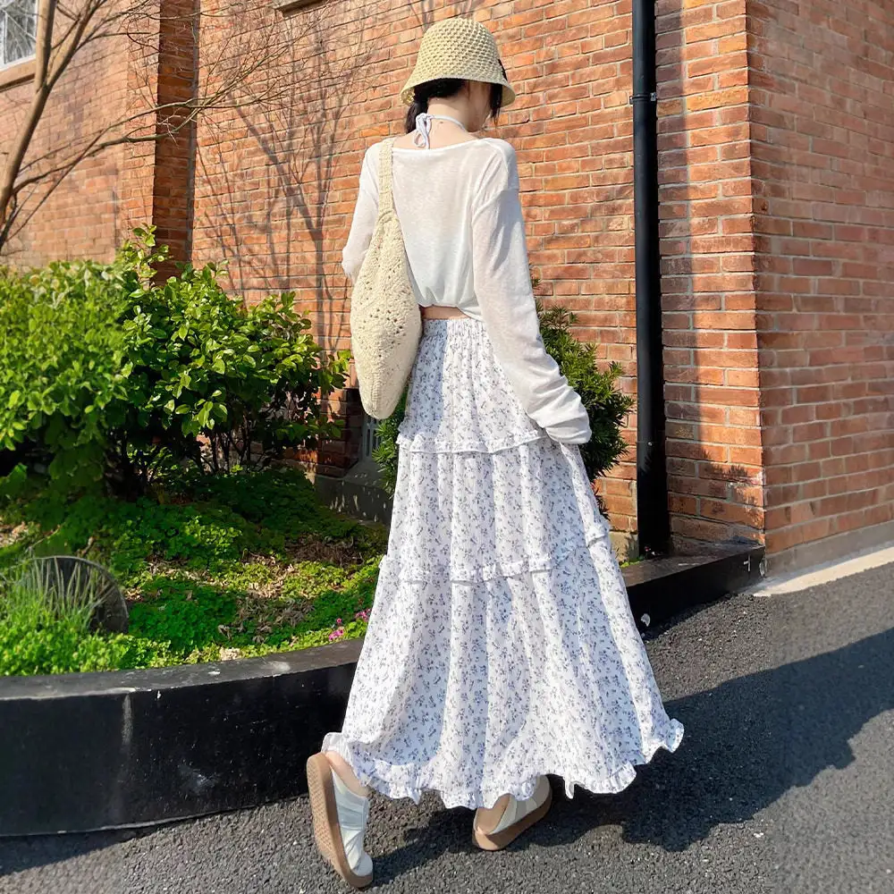Casual Floral High Waist A-Line Midi Skirt