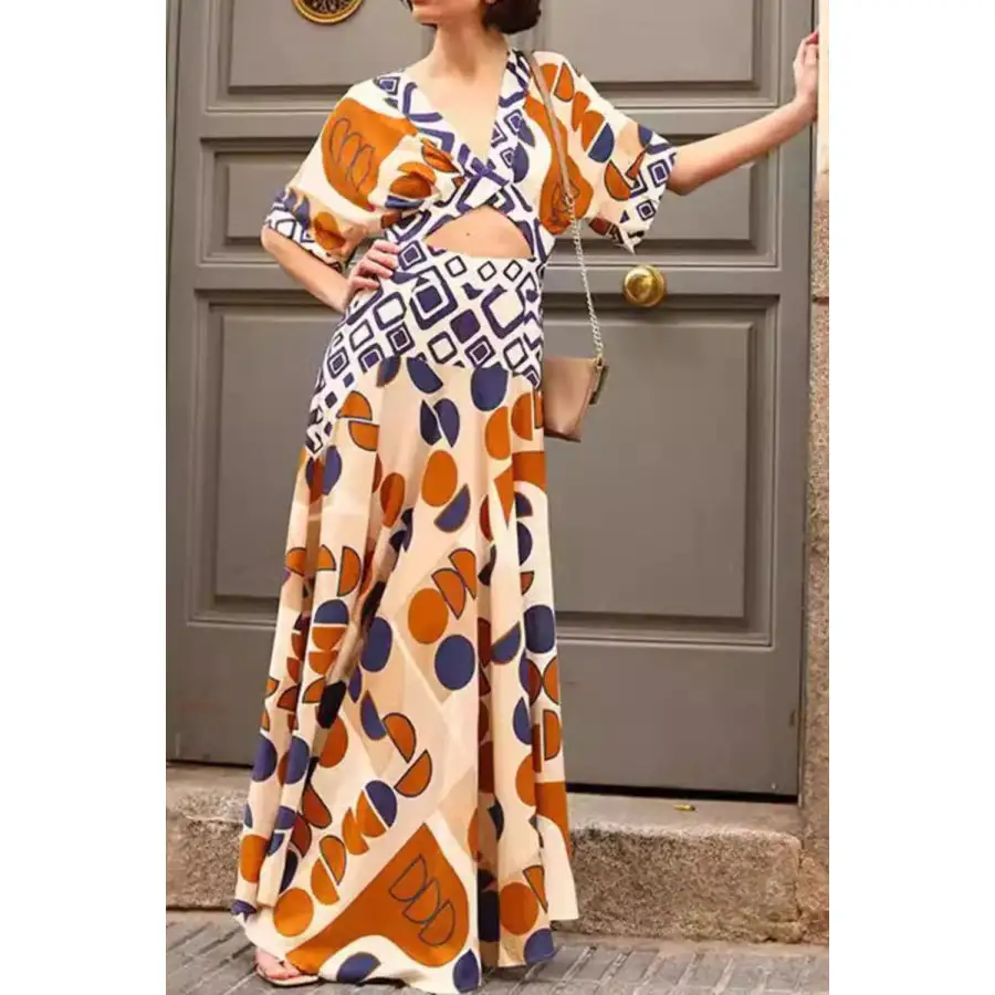 Geometric Print V Neck Maxi Dress with Cutout Detail