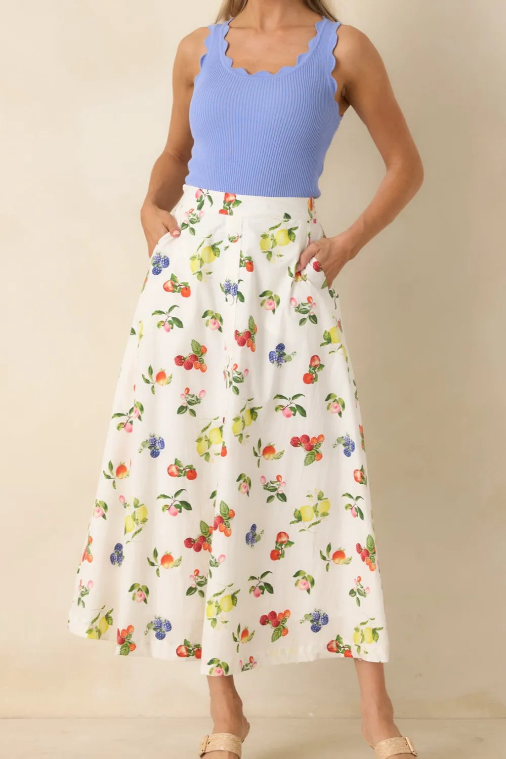 Multicolor Fruit Print Cotton Midi Skirt