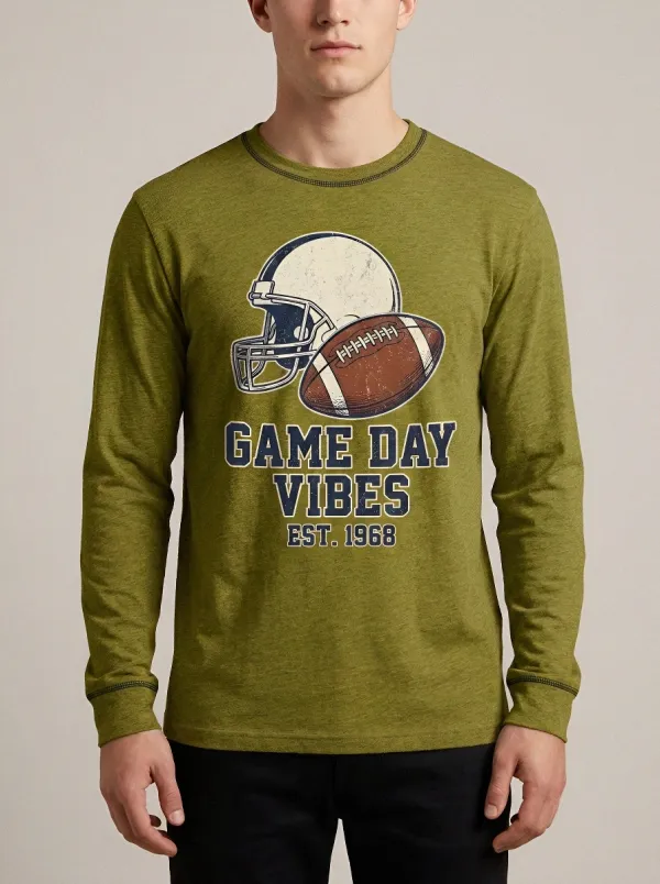 Men's Football Lover Game Day Vibes Helmet Graphic Long Sleeve T-shirt