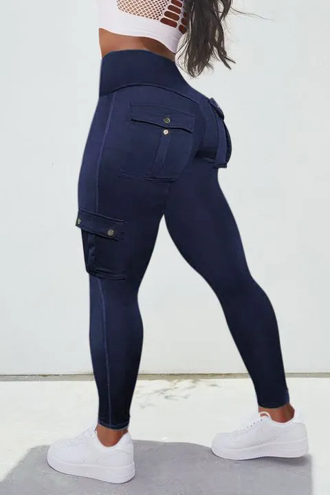 Solid Flap Pocket High Waist Leggings