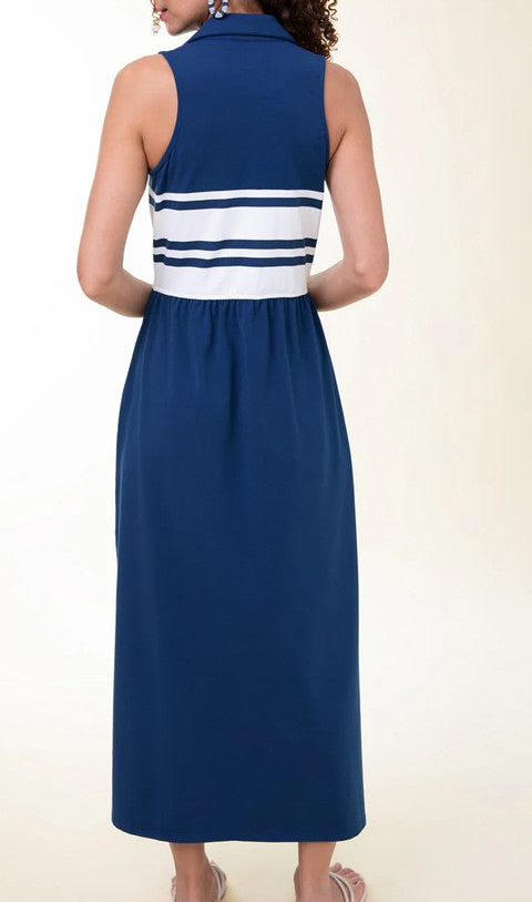 Navy White Stripe Sleeveless Midi Dress