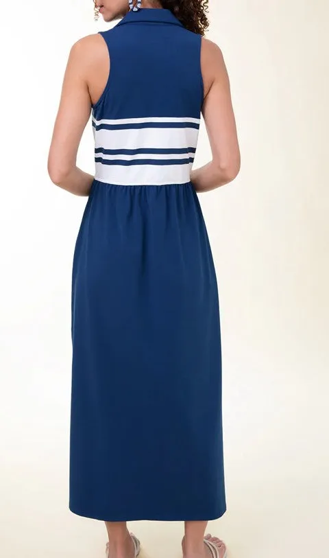 Navy White Stripe Sleeveless Midi Dress