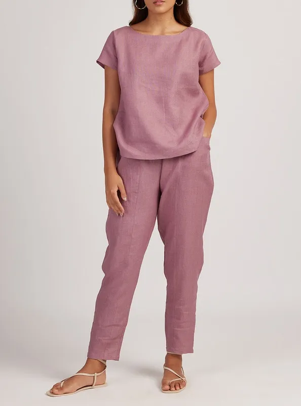 Dusty Pink Linen Matching Set with Boat-Neck Top & Easy Pants