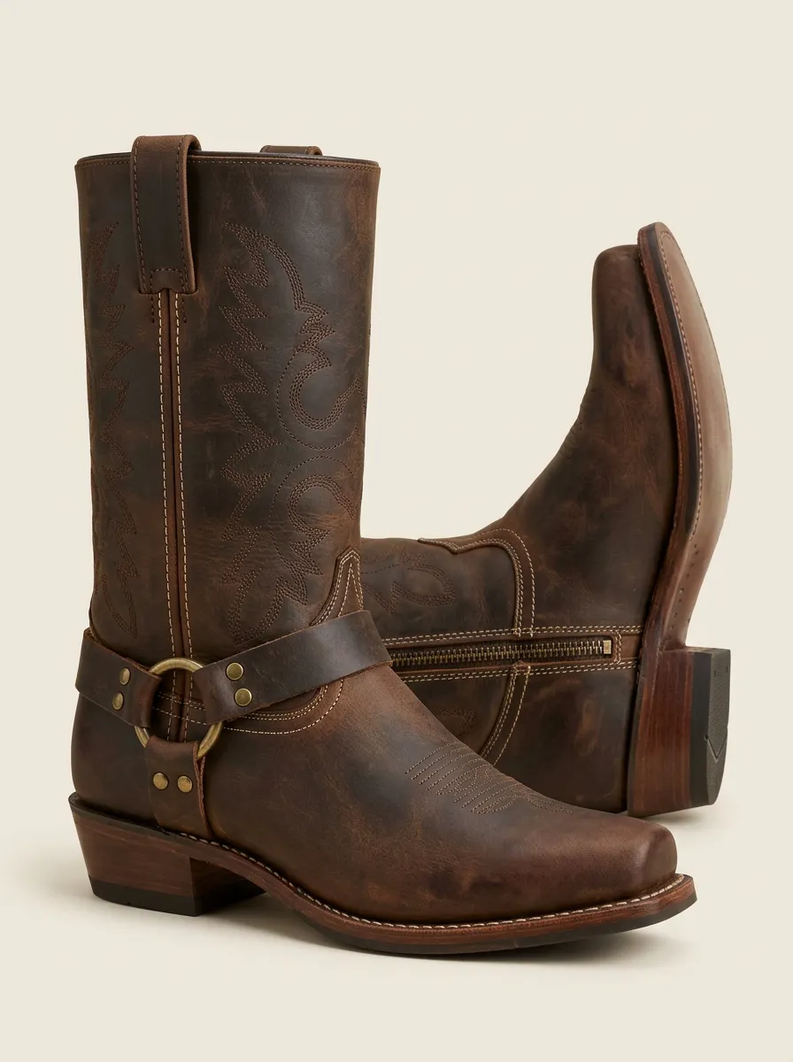 Men's Western Cowboy Brown Leather Ring Harness Stitched Boots