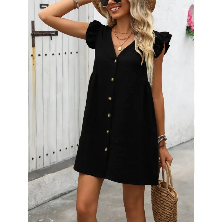 Button Up V-Neck Cap Sleeve Mini Dress