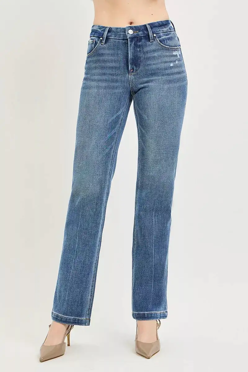 Mid Rise Pintuck Straight Leg Jeans