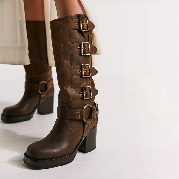Faux-Leather Buckle-Detail Round-Toe Chunky-Heel Western Boots