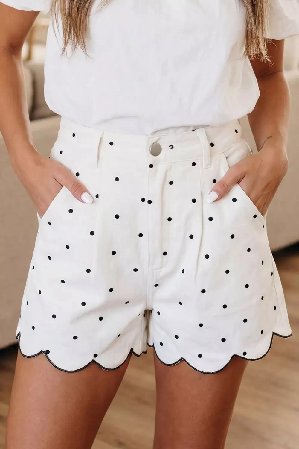 Scalloped Cotton Polka-Dot Casual Shorts