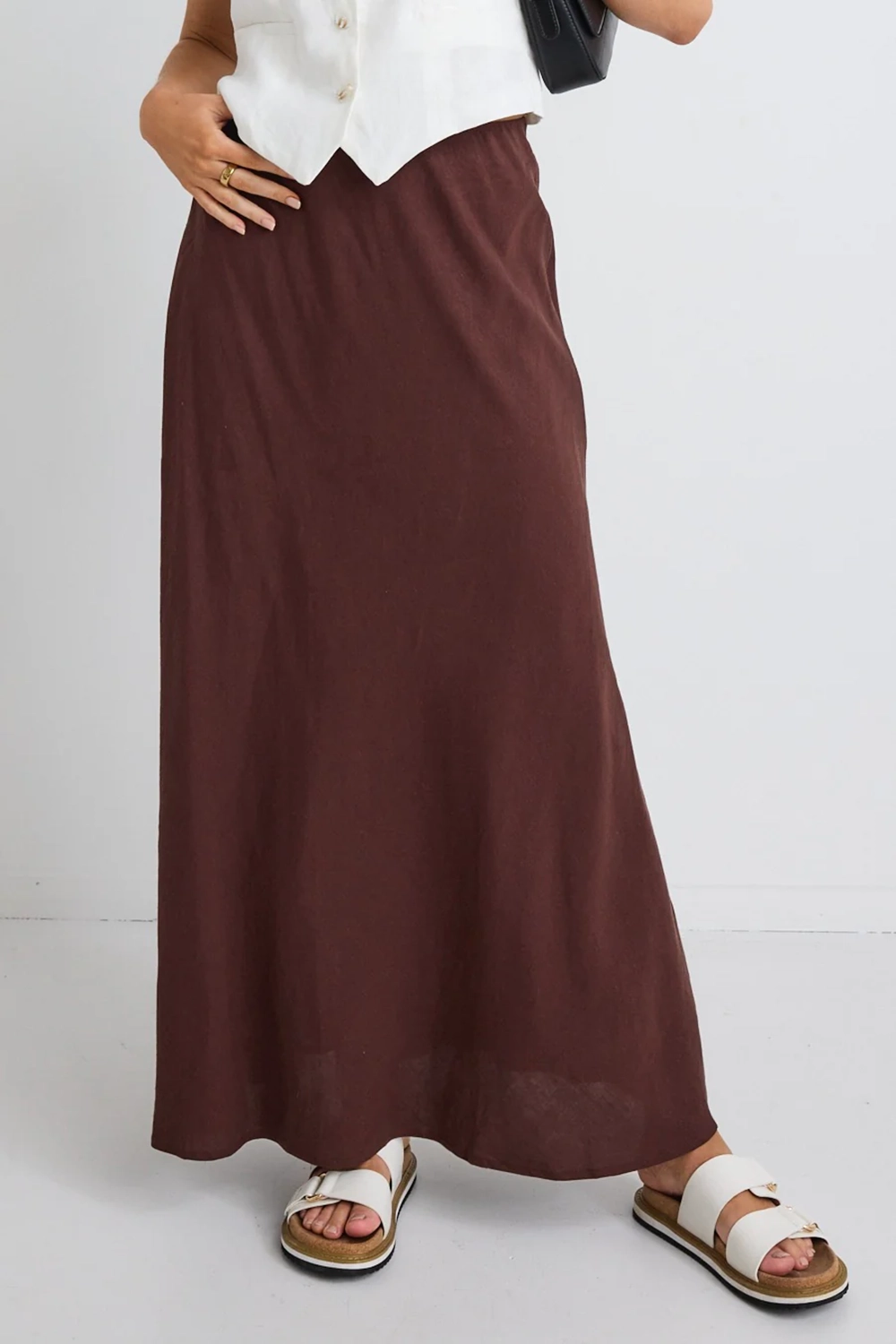 Brown Solid Color Midi Skirt